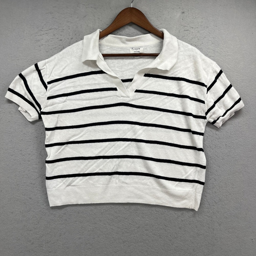 J Crew Striped Polo Sweater Womens Large White Linen Blend Short Sleeve Nautical